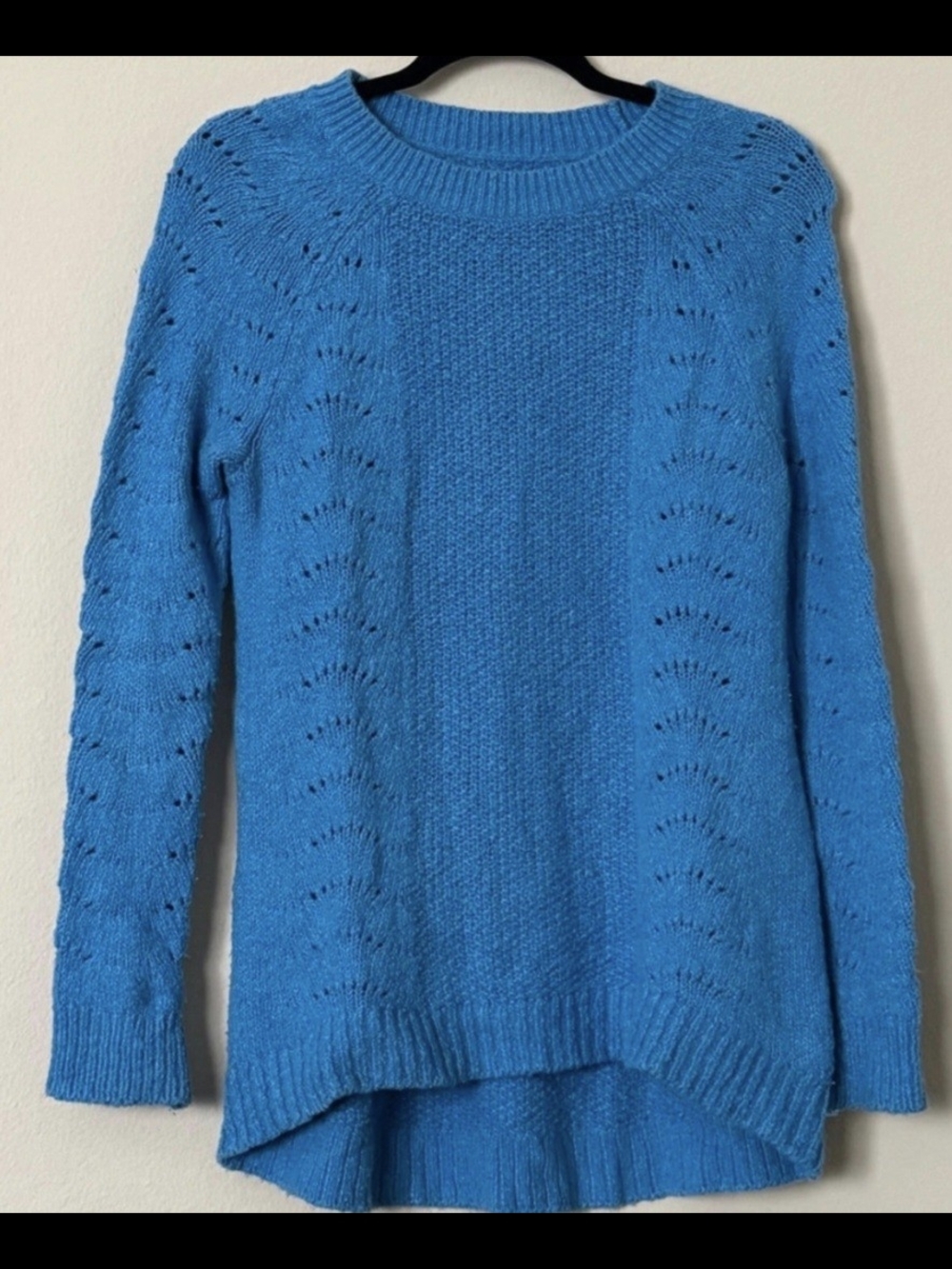 LOFT Bright Blue Pointelle-Sleeve Crewneck Sweater